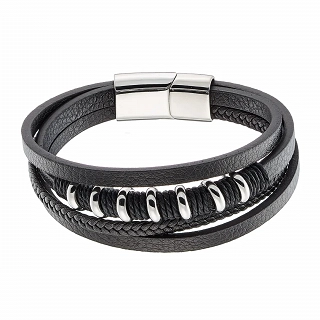 Oxzen ανδρικό βραχιόλι με δέρμα μαύρο και ανοξείδωτο ατσάλι