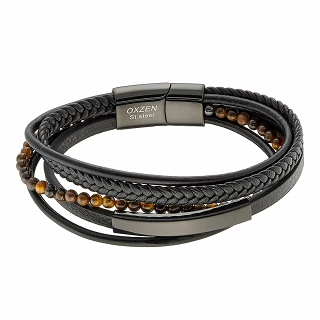 Oxzen δερμάτινο ανδρικό βραχιόλι ατσάλινο μαύρο με πέτρες μάτι της τίγρης