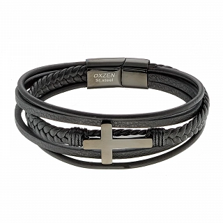 Oxzen δερμάτινο ανδρικό βραχιόλι από ανοξείδωτο ατσάλι με σταυρό