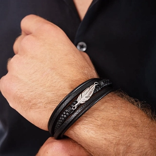 Oxzen δερμάτινο ανδρικό βραχιόλι ατσάλινο με φτερό