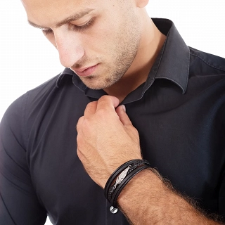 Oxzen δερμάτινο ανδρικό βραχιόλι ατσάλινο με φτερό