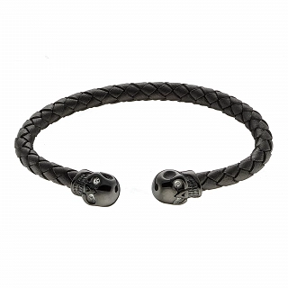 Oxzen δερμάτινο ανδρικό βραχιόλι ατσάλινο μαύρο με δύο νεκροκεφαλές