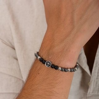 Oxzen ανδρικό βραχιόλι από ανοξείδωτο ατσάλι με πέτρες αχάτη και αιματίτη μαύρες