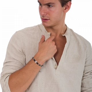 Oxzen ανδρικό βραχιόλι από ανοξείδωτο ατσάλι με πέτρες αχάτη και αιματίτη μαύρες