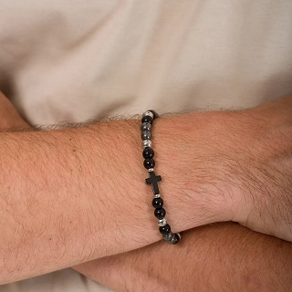 Oxzen ανδρικό βραχιόλι από ανοξείδωτο ατσάλι με πέτρες αχάτη και σταυρό