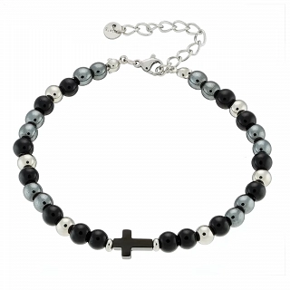 Oxzen ανδρικό βραχιόλι από ανοξείδωτο ατσάλι με πέτρες αχάτη και σταυρό