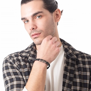 Oxzen ανδρικό βραχιόλι ατσάλινο διπλό με δέρμα και ορυκτές πέτρες