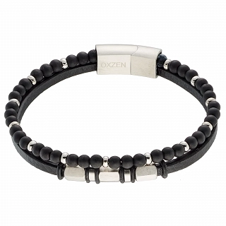 Oxzen ανδρικό βραχιόλι ατσάλινο διπλό με δέρμα και ορυκτές πέτρες