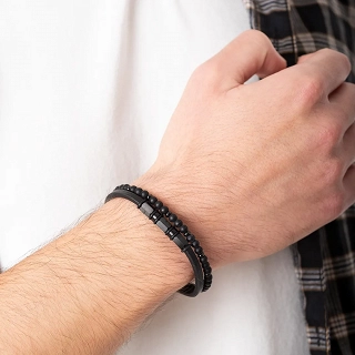 Oxzen ανδρικό βραχιόλι ατσάλινο διπλό με δέρμα και ορυκτές πέτρες