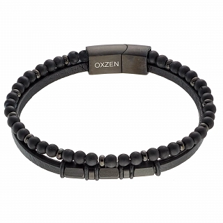 Oxzen ανδρικό βραχιόλι ατσάλινο διπλό με δέρμα και ορυκτές πέτρες