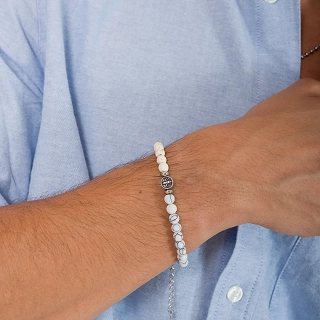 Oxzen ανδρικό βραχιόλι με λευκές ορυκτές πέτρες και ατσάλινα στοιχεία