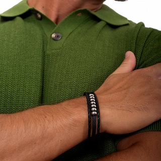 Oxzen ανδρικό βραχιόλι ατσάλινο με δέρμα, τρεις σειρές
