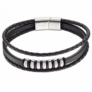 Oxzen ανδρικό βραχιόλι ατσάλινο με δέρμα, τρεις σειρές