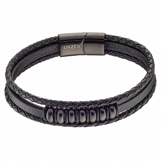 Oxzen ανδρικό βραχιόλι ατσάλινο με δέρμα, τρεις σειρές