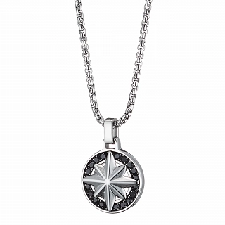 Oxzen ανδρικό κολιέ από ανοξείδωτο ατσάλι με πυξίδα και μαύρες πέτρες ζιργκόν