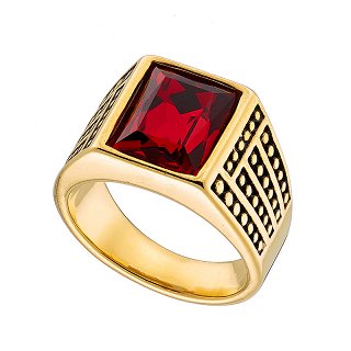 Δαχτυλίδι από ανοξείδωτο ατσάλι, χρυσό με κόκκινη πέτρα ζιργκόν