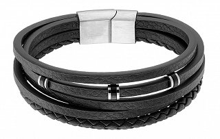 Βραχιόλι ατσάλινο με δέρμα μαύρο πενταπλό