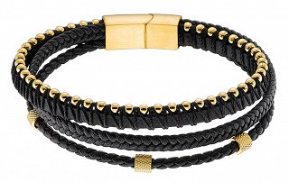 Βραχιόλι ατσάλινο επιχρυσωμένο με δέρμα μαύρο τριπλό