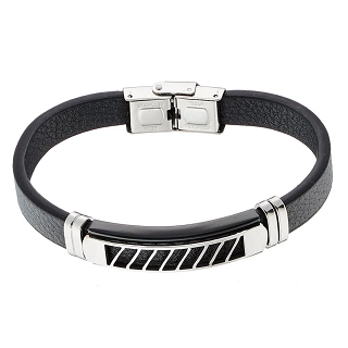 Βραχιόλι ατσάλινο με δέρμα PU ταυτότητα ασημί με μαύρο
