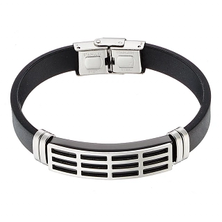 Βραχιόλι ατσάλινο με δέρμα PU ταυτότητα ασημί με μαύρο