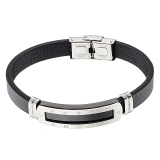 Βραχιόλι ατσάλινο με δέρμα PU ταυτότητα μαύρη