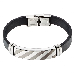 Βραχιόλι ατσάλινο με δέρμα PU ταυτότητα ασημί με μαύρο