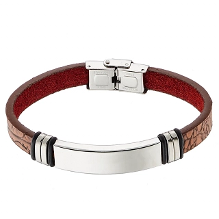 Βραχιόλι ατσάλινο με δέρμα PU ταυτότητα με καφέ δέρμα