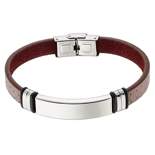 Βραχιόλι ατσάλινο με δέρμα PU ταυτότητα με καφέ δέρμα