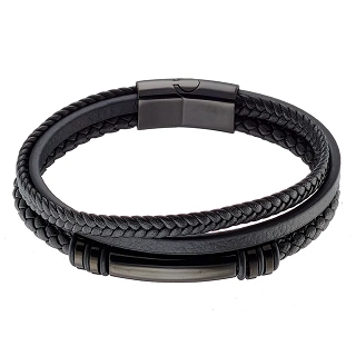 Βραχιόλι ανδρικό ατσάλινο με τριπλό δέρμα και κυλινδρική ταυτότητα