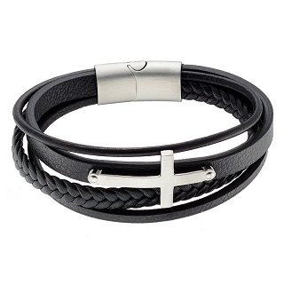 Βραχιόλι ανδρικό ατσάλινο με δέρμα τετραπλό με σταυρό