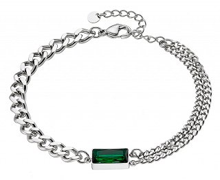Βραχιόλι ατσάλινο με διπλή αλυσίδα και πράσινη πέτρα ζιργκόν