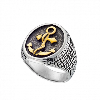 Δαχτυλίδι ανδρικό από ανοξείδωτο ατσάλι ασημόχρυσο οβάλ με άγκυρα