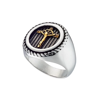 Δαχτυλίδι ανδρικό από ανοξείδωτο ατσάλι, ασημόχρυσο με τον εσταυρωμένο
