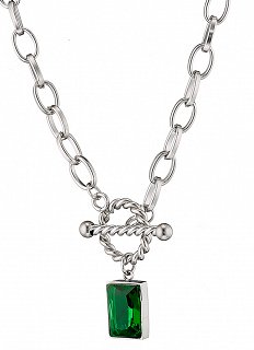 Κολιέ ατσάλινο λευκό με τετράγωνη πράσινη πέτρα ζιργκόν