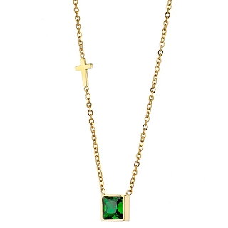 Κολιέ από ανοξείδωτο ατσάλι με σταυρό και τετράγωνη πράσινη πέτρα ζιργκόν