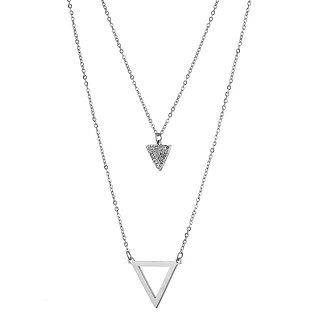 Κολιέ από ανοξείδωτο ατσάλι διπλό τριγωνικό με λευκά κρύσταλλα