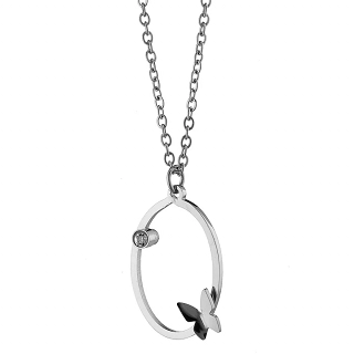 Κολιέ από ανοξείδωτο ατσάλι, οβάλ με πεταλούδα και πέτρα ζιργκόν