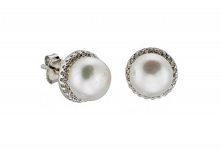 Oxzen σκουλαρίκια καρφωτά ασημένια με πέρλα και πέτρες ζιργκόν