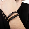 Oxzen δερμάτινο ανδρικό βραχιόλι ατσάλινο μαύρο με πέτρες μάτι της τίγρης